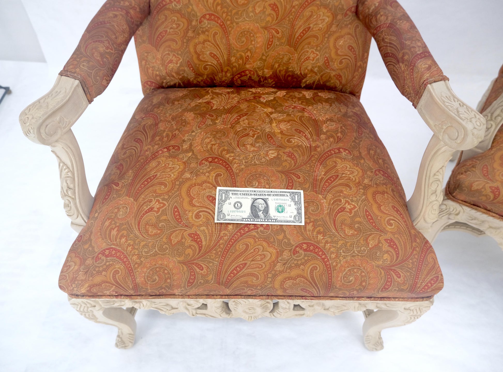 EstablishedLines Pair of Fine Carved White Lacquer Rouge Floral Upholstery Arm Club Chairs MINT