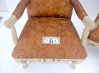 EstablishedLines Pair of Fine Carved White Lacquer Rouge Floral Upholstery Arm Club Chairs MINT