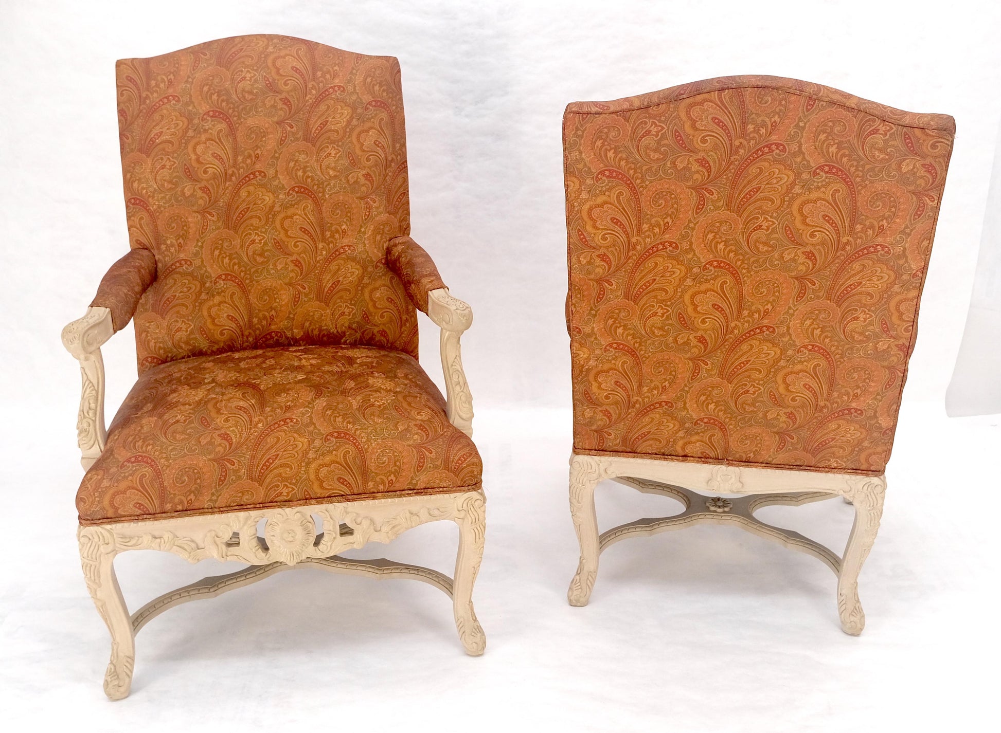 EstablishedLines Pair of Fine Carved White Lacquer Rouge Floral Upholstery Arm Club Chairs MINT