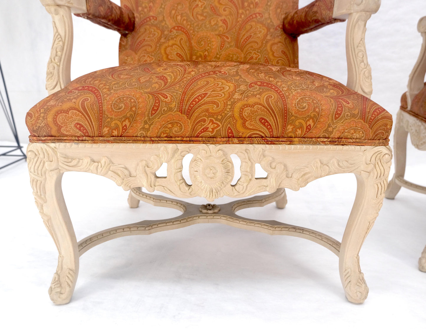 EstablishedLines Pair of Fine Carved White Lacquer Rouge Floral Upholstery Arm Club Chairs MINT