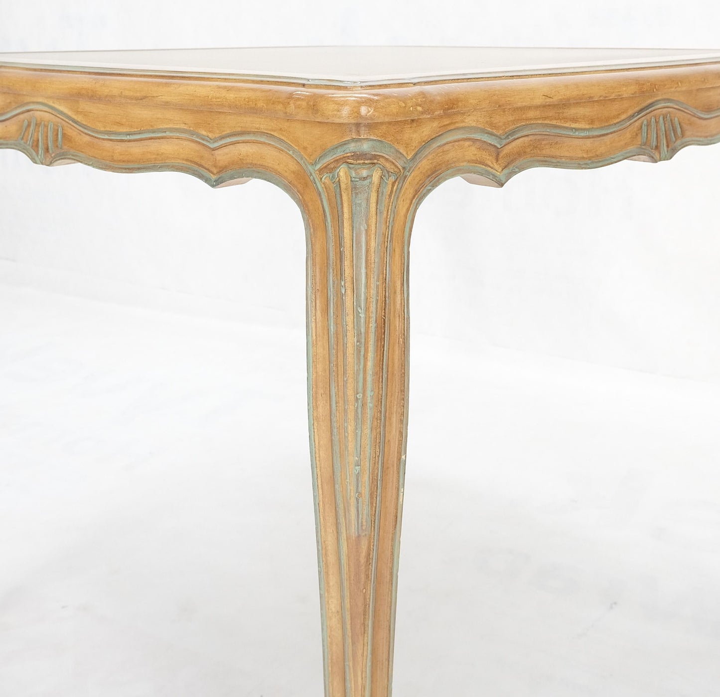 EstablishedLines Beige to Off White Wash Finish Leather Top French Provincial Square Game Table