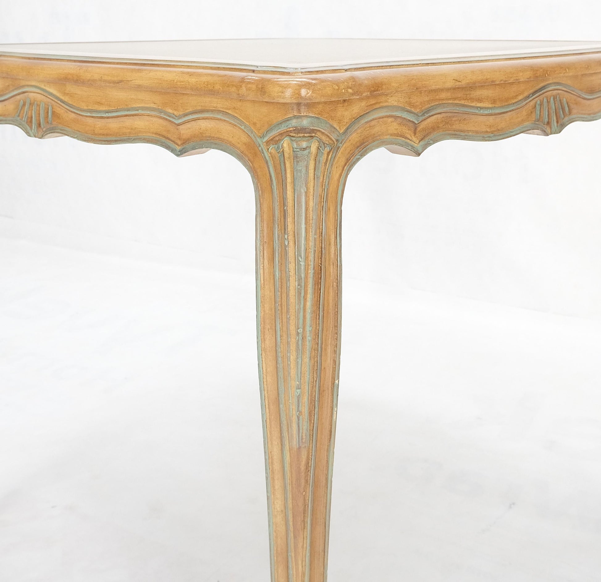 EstablishedLines Beige to Off White Wash Finish Leather Top French Provincial Square Game Table