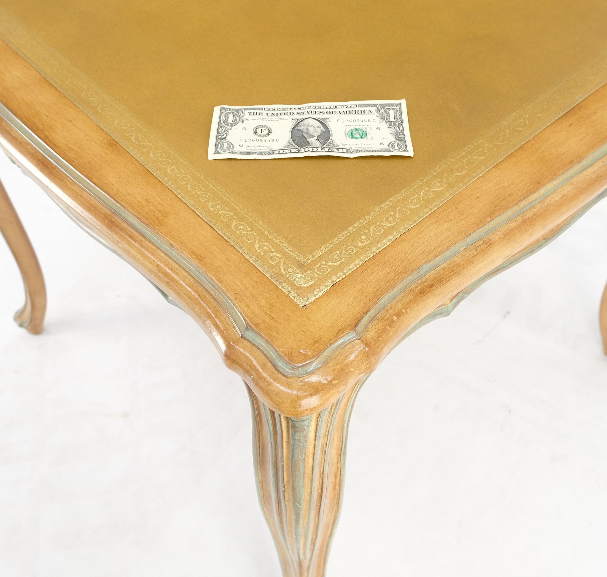 EstablishedLines Beige to Off White Wash Finish Leather Top French Provincial Square Game Table