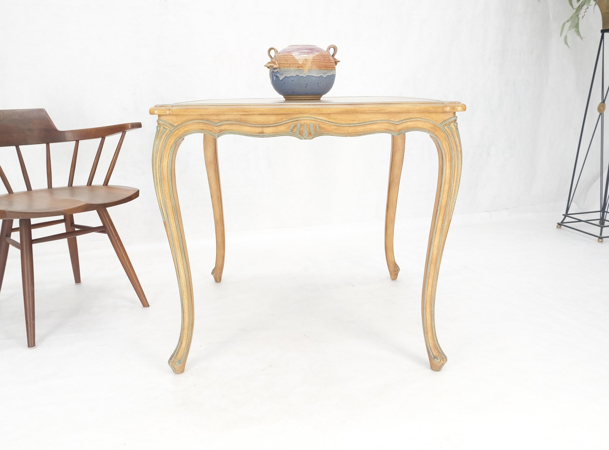 EstablishedLines Beige to Off White Wash Finish Leather Top French Provincial Square Game Table