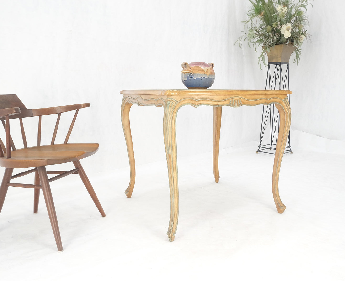 EstablishedLines Beige to Off White Wash Finish Leather Top French Provincial Square Game Table