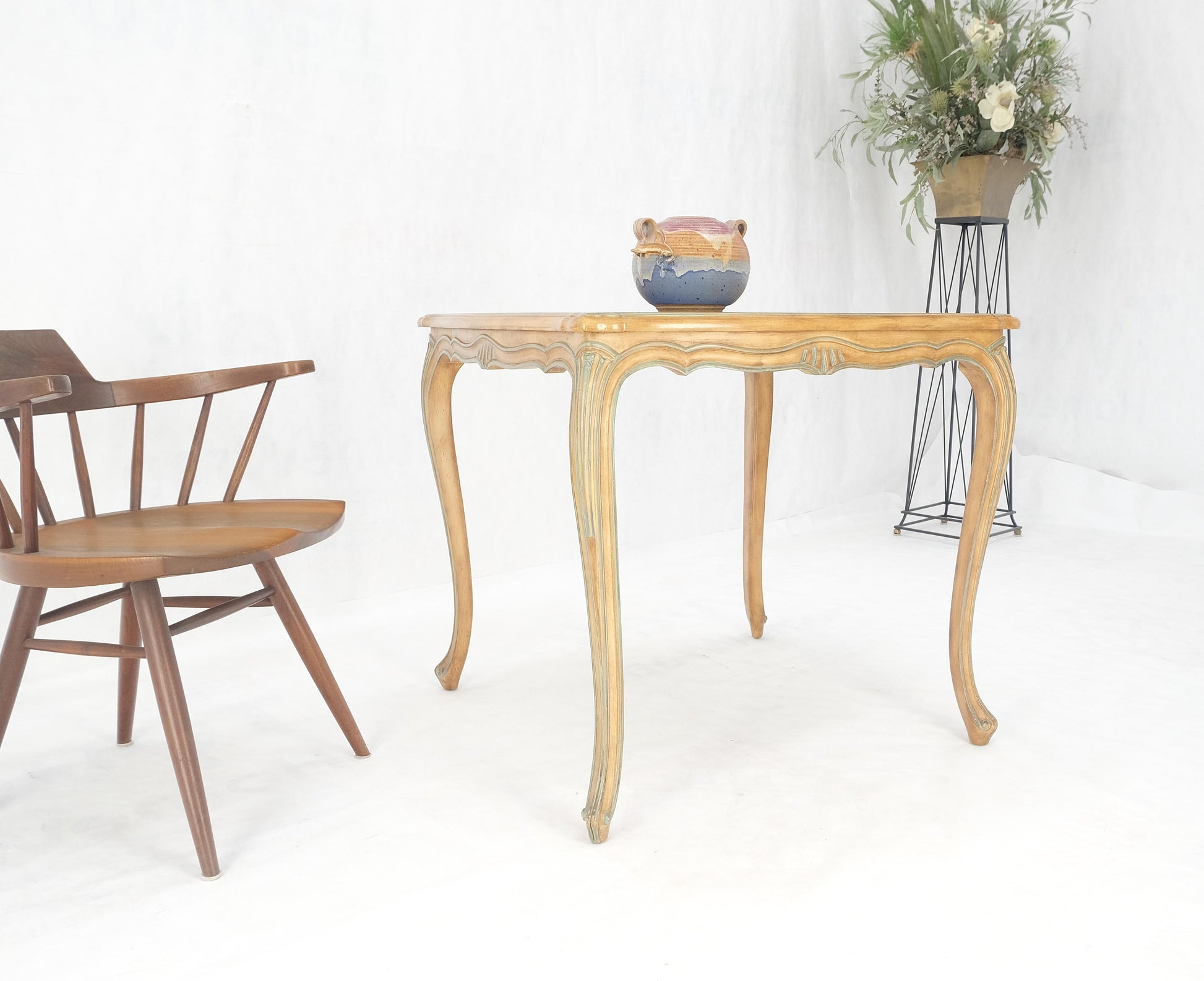 EstablishedLines Beige to Off White Wash Finish Leather Top French Provincial Square Game Table