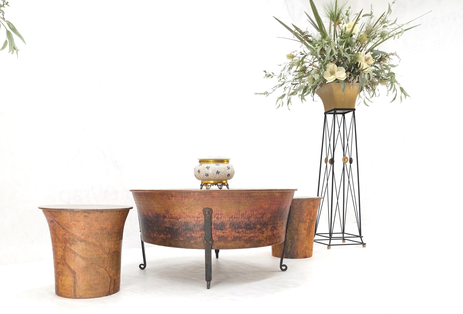 EstablishedLines Vintage Hummered Forged Copper & Iron Round Coffee Table & Pair of Stools Seats
