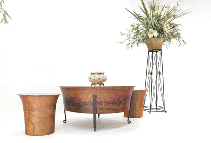 EstablishedLines Vintage Hummered Forged Copper & Iron Round Coffee Table & Pair of Stools Seats