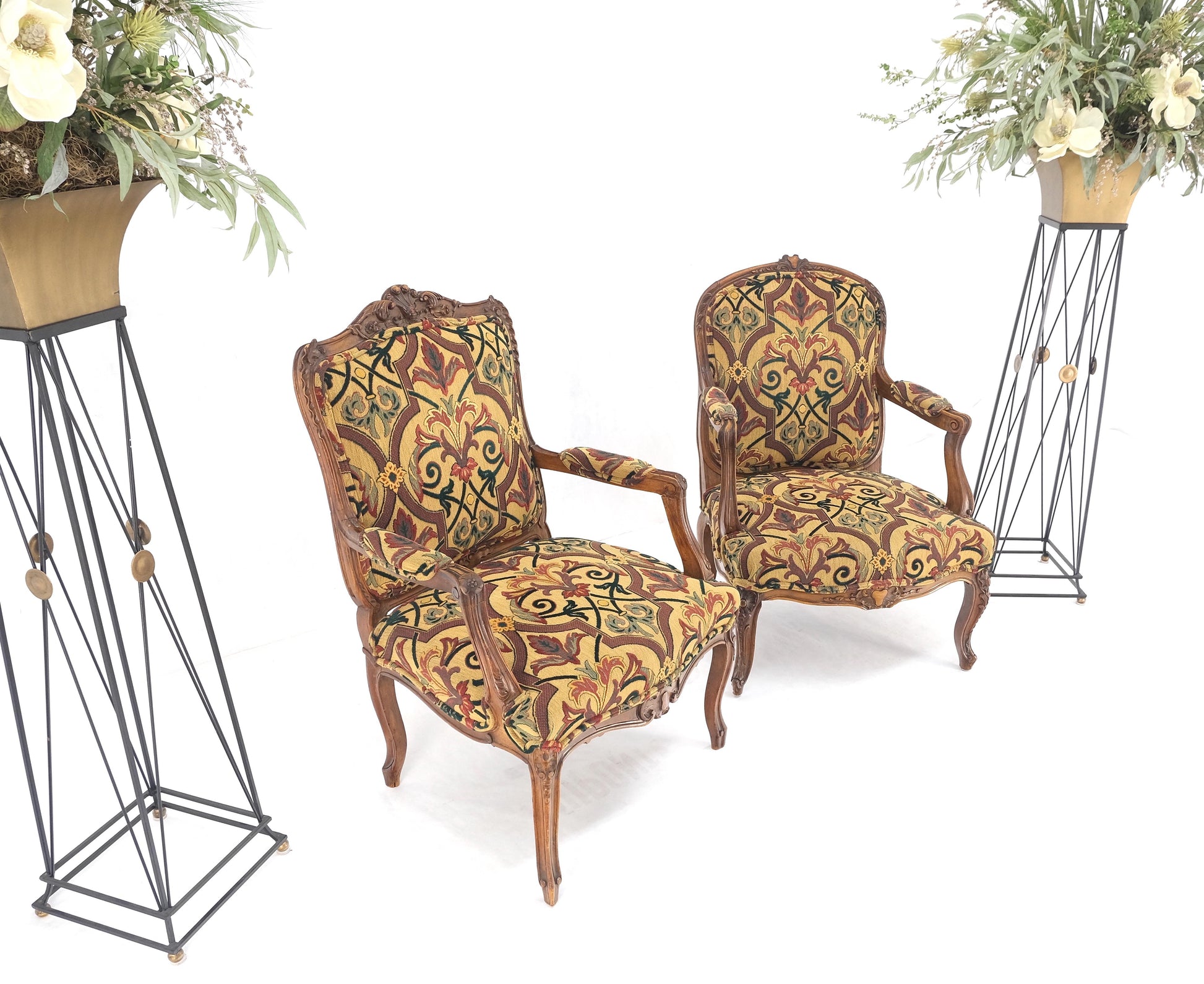 EstablishedLines Pair of His & Hers Finely Carved Walnut Country French Lounge Armchairs Tapestry