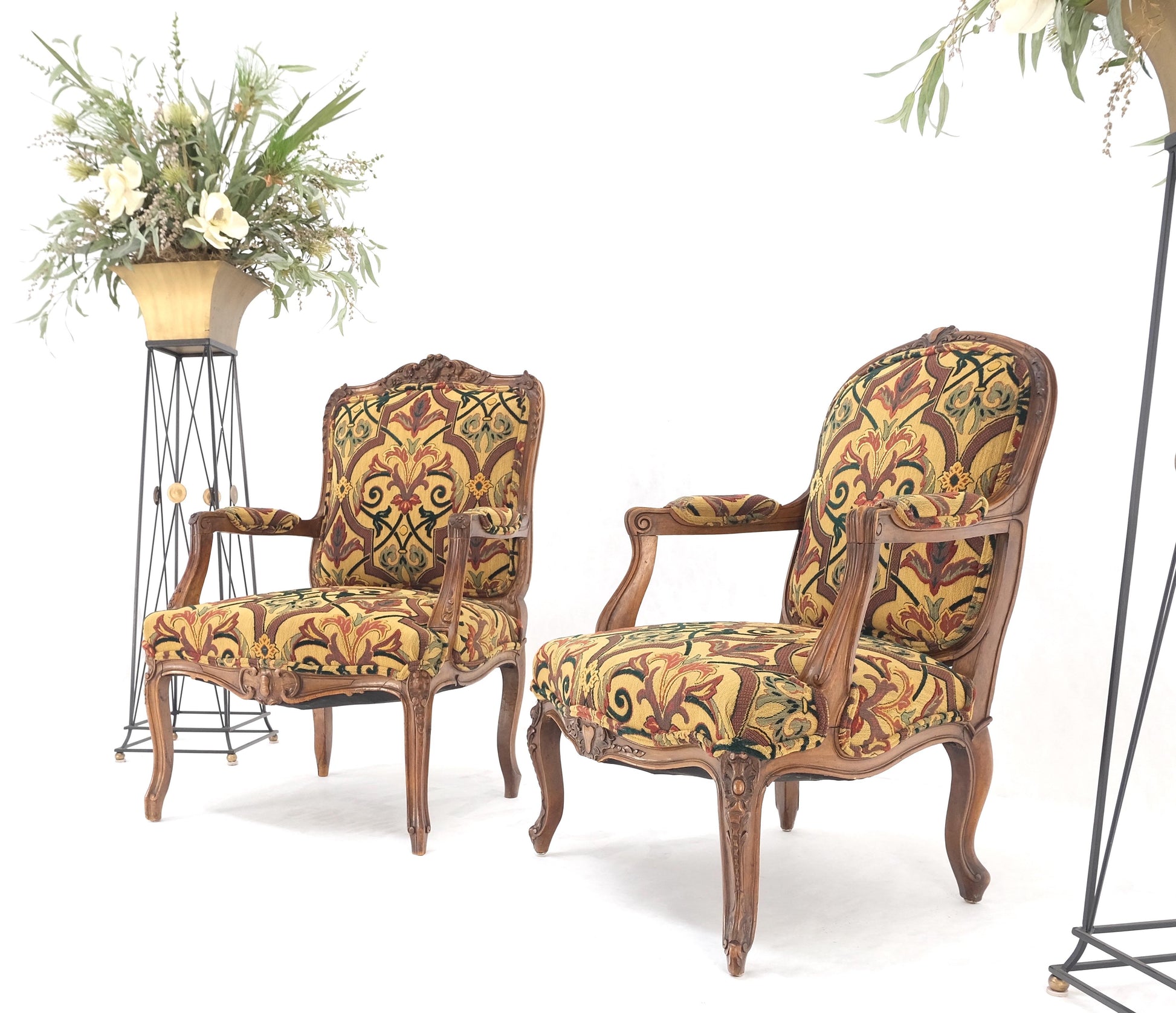 EstablishedLines Pair of His & Hers Finely Carved Walnut Country French Lounge Armchairs Tapestry