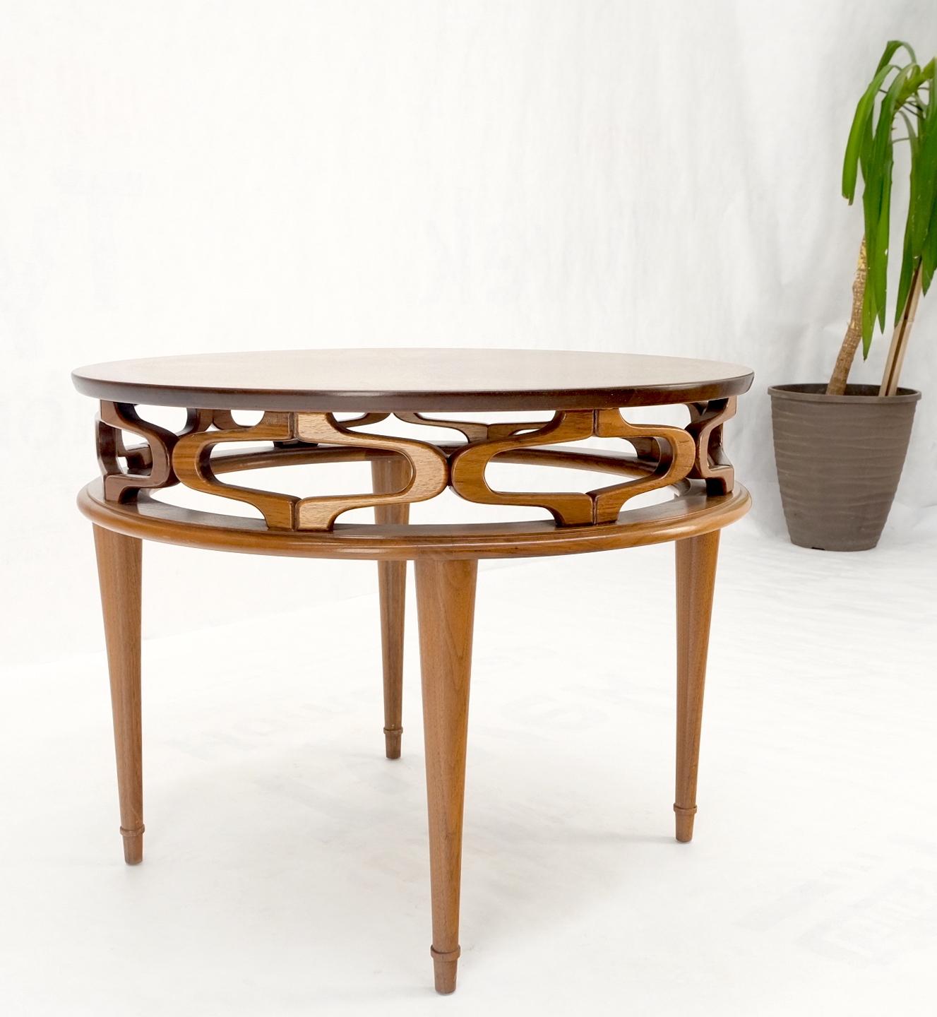 EstablishedLines Pierced Caved Ornament Round Walnut Banded Mid-Century Modern Side End Table