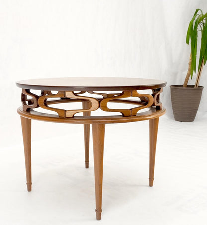 EstablishedLines Pierced Caved Ornament Round Walnut Banded Mid-Century Modern Side End Table