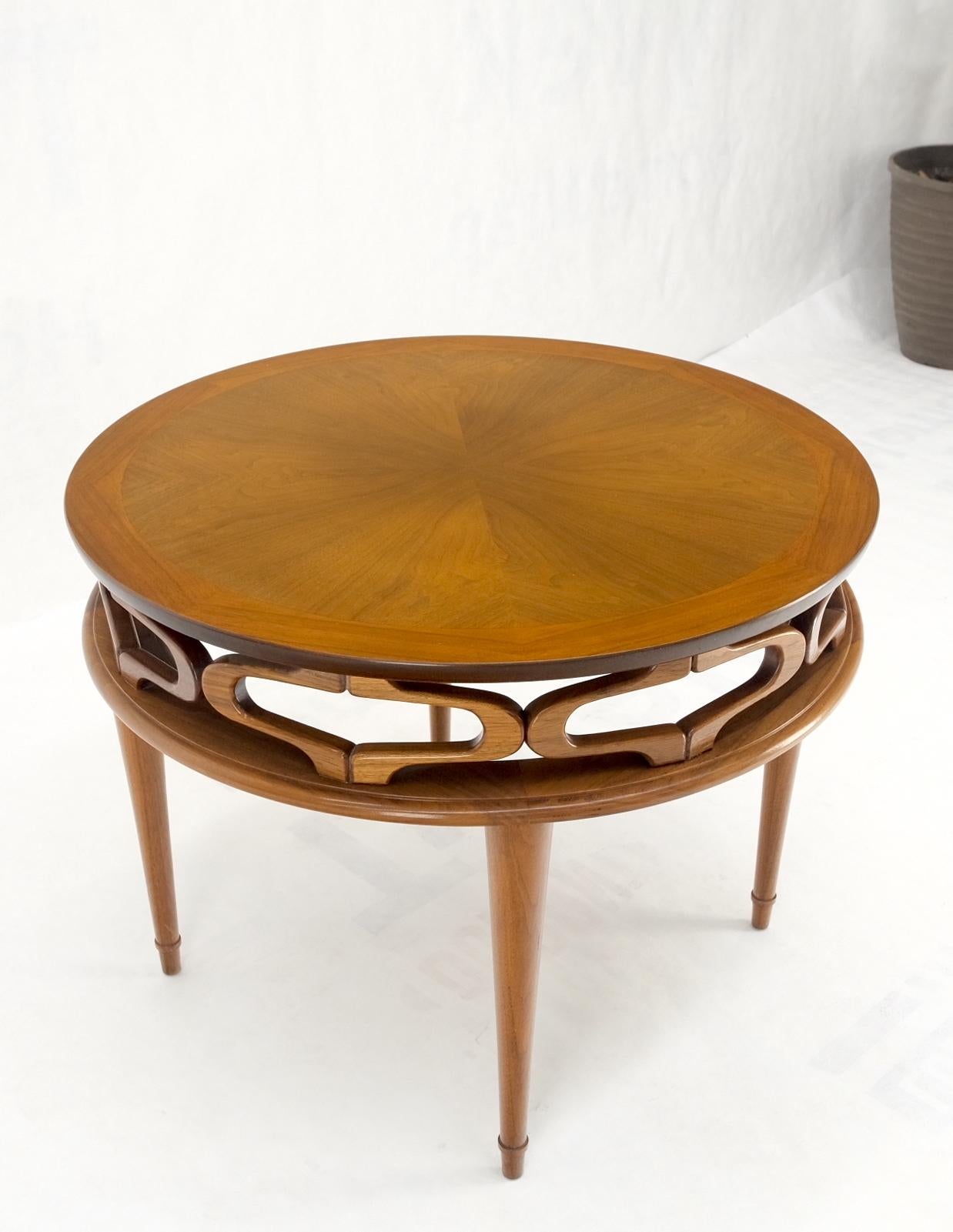 EstablishedLines Pierced Caved Ornament Round Walnut Banded Mid-Century Modern Side End Table