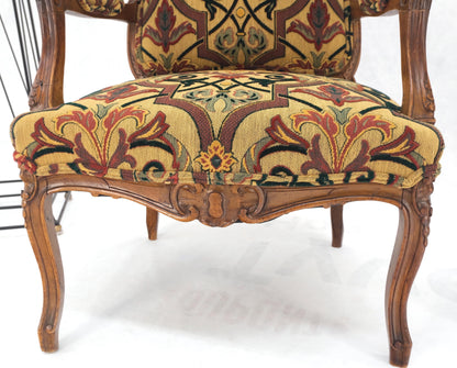 EstablishedLines Pair of His & Hers Finely Carved Walnut Country French Lounge Armchairs Tapestry