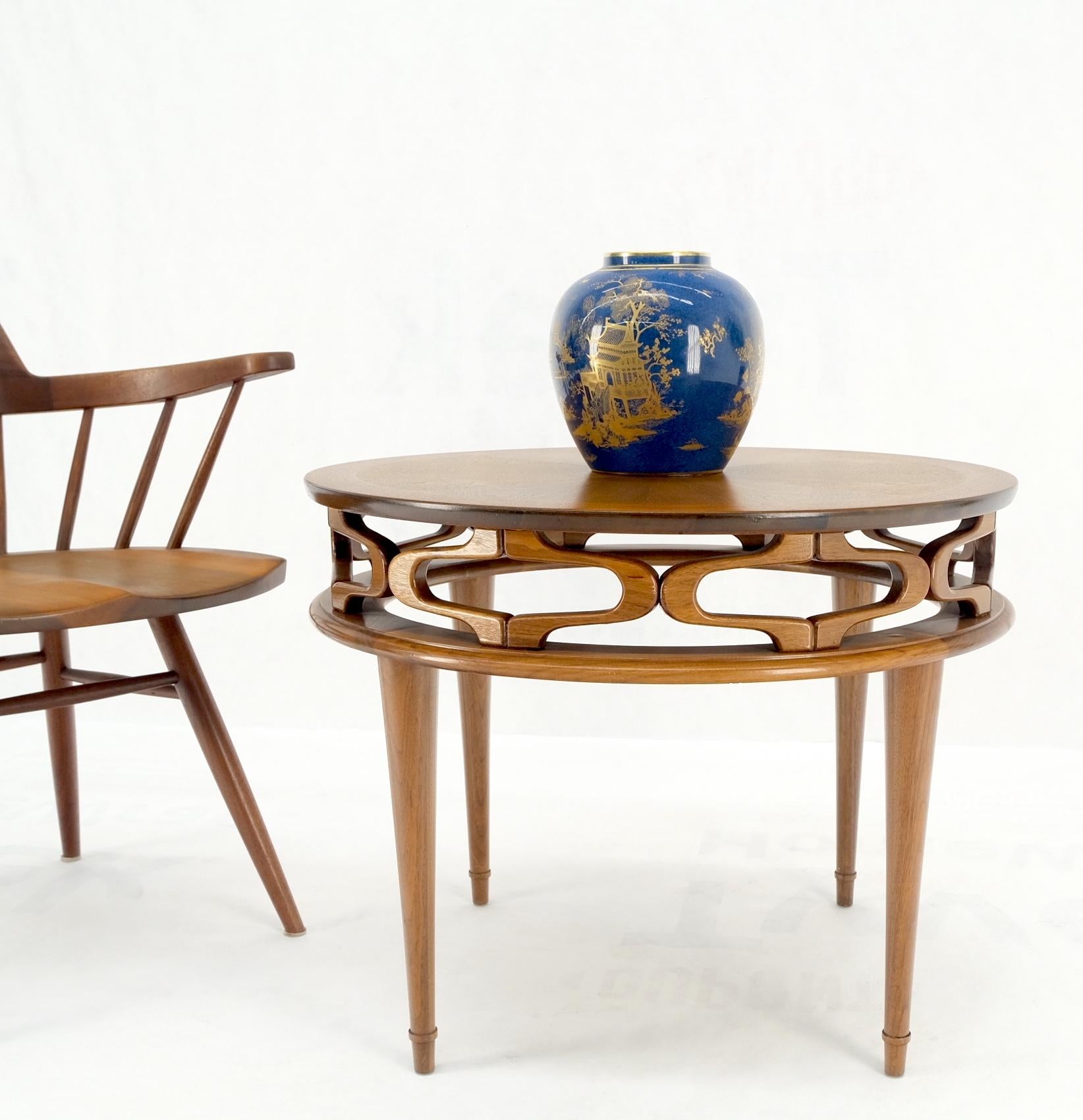 EstablishedLines Pierced Caved Ornament Round Walnut Banded Mid-Century Modern Side End Table