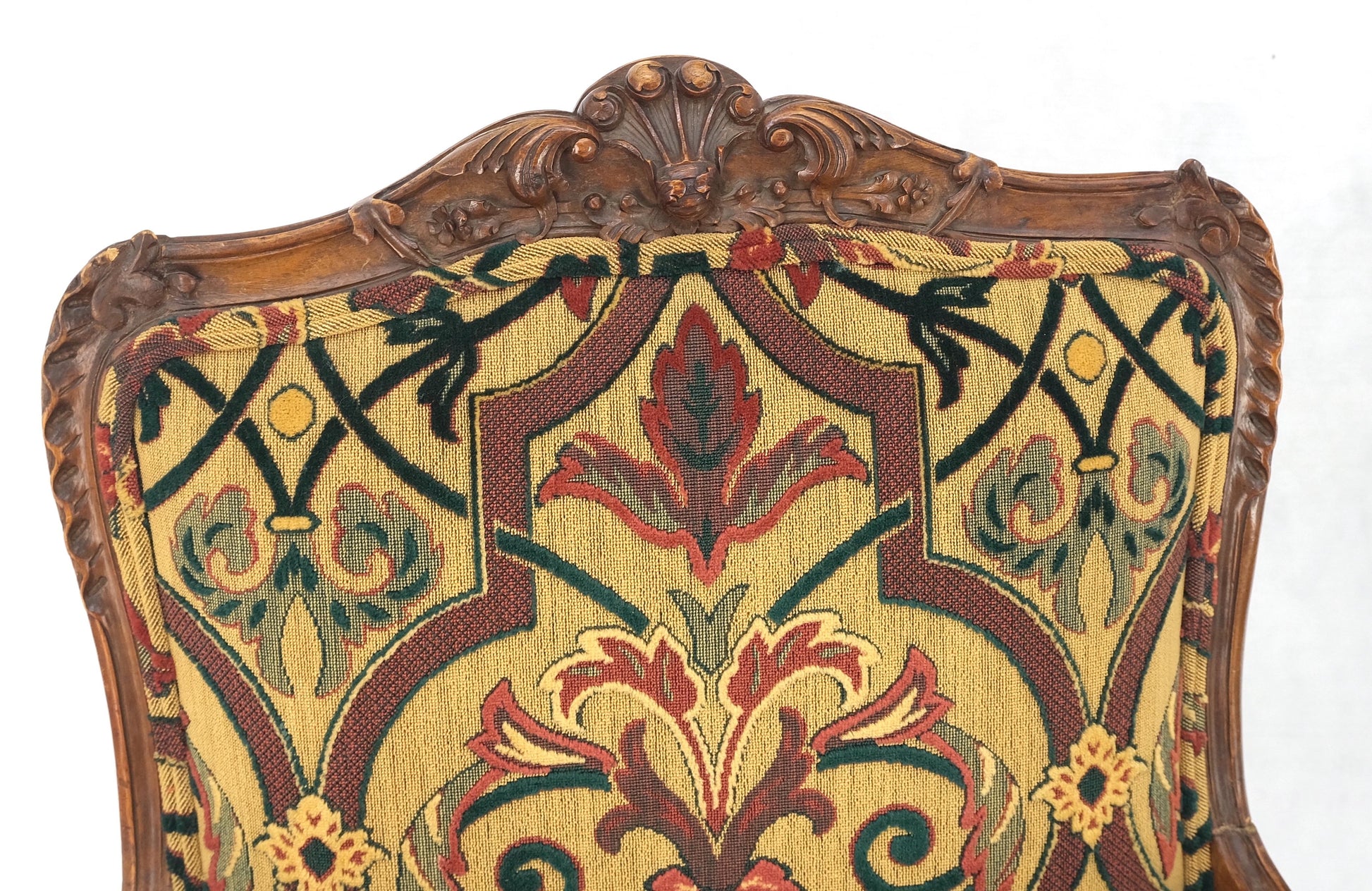 EstablishedLines Pair of His & Hers Finely Carved Walnut Country French Lounge Armchairs Tapestry