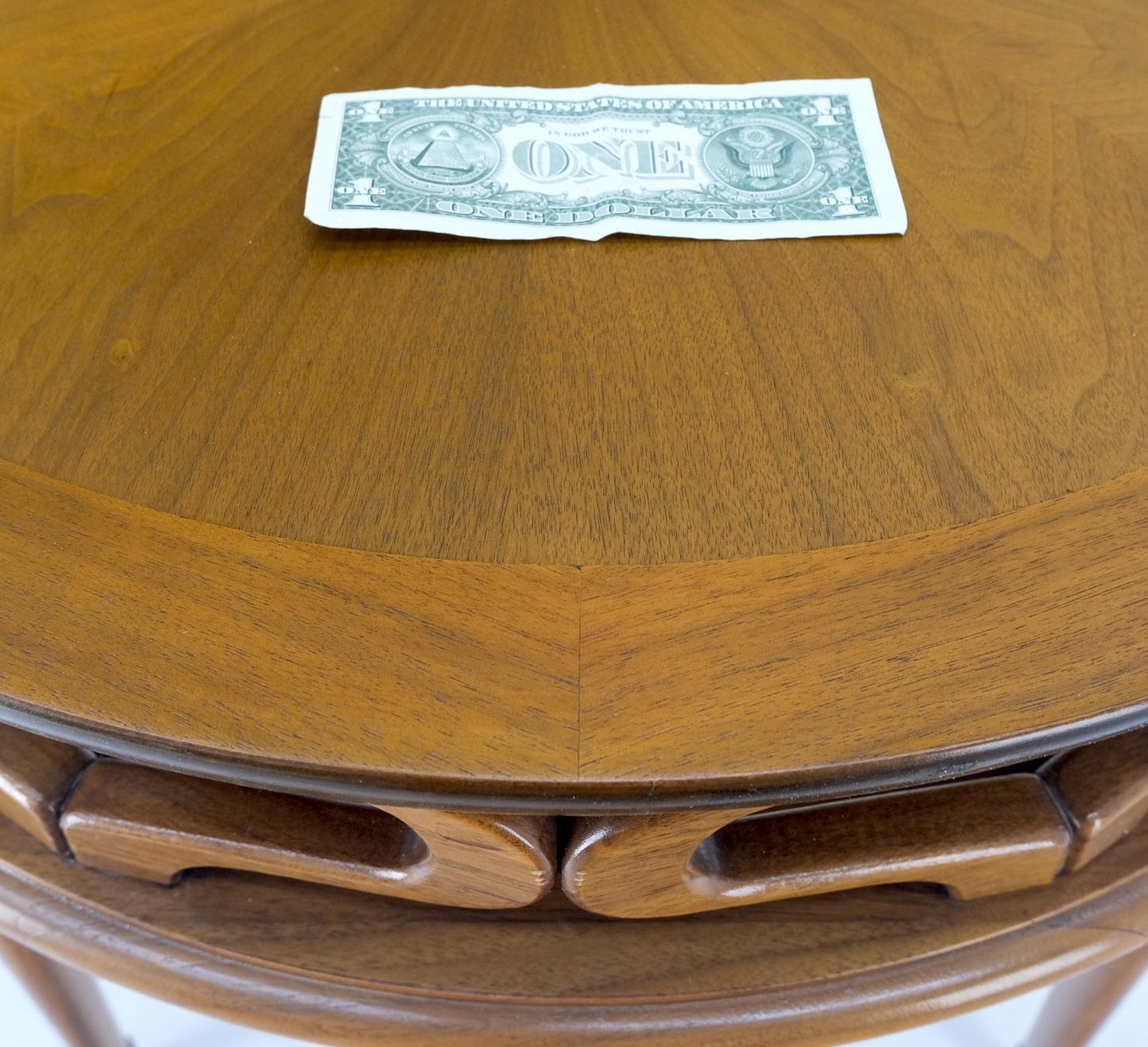 EstablishedLines Pierced Caved Ornament Round Walnut Banded Mid-Century Modern Side End Table