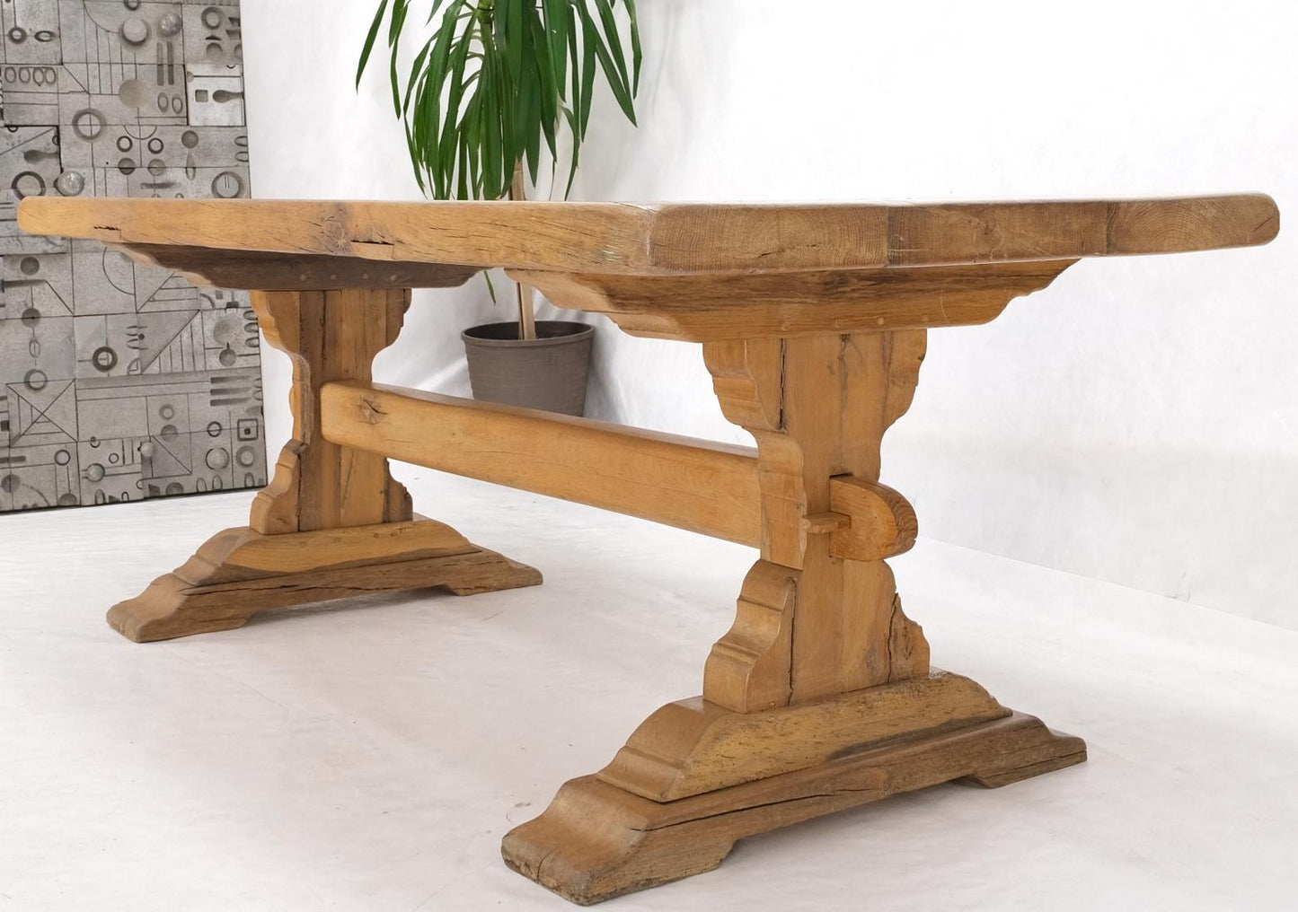 EstablishedLines Large Antique Solid Oak Slab Top Trestle Farm Dining Conference Table