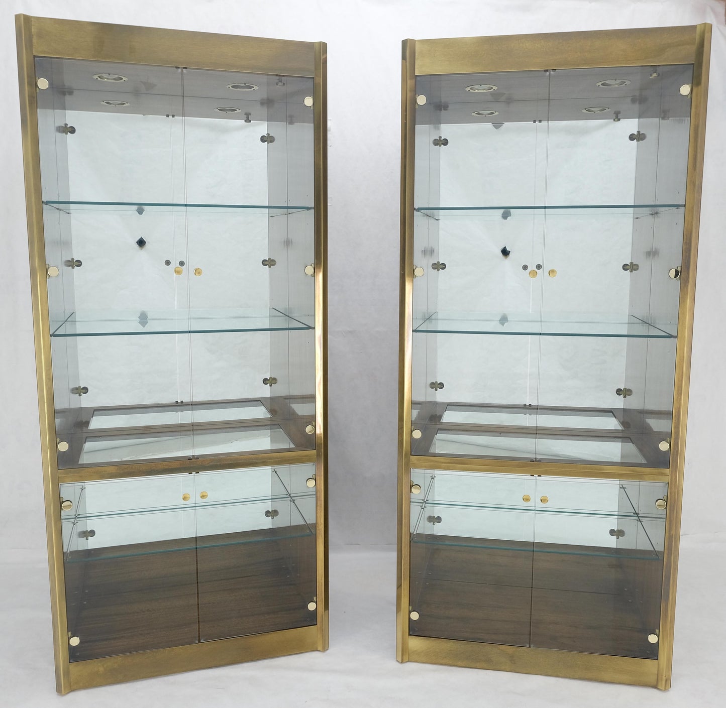 Pair Zebra Wood Brass Glass Showcases Vitrines Shelves Etageres Mastercraft MINT