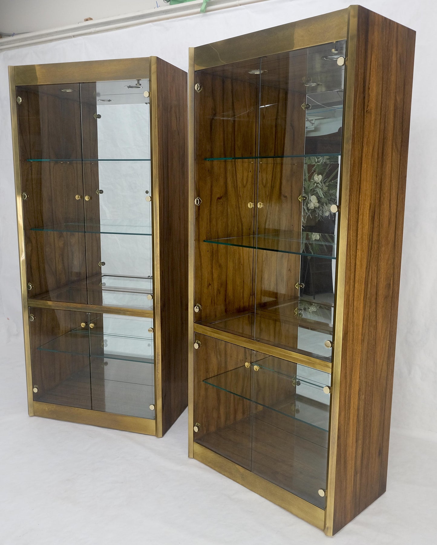 Pair Zebra Wood Brass Glass Showcases Vitrines Shelves Etageres Mastercraft MINT