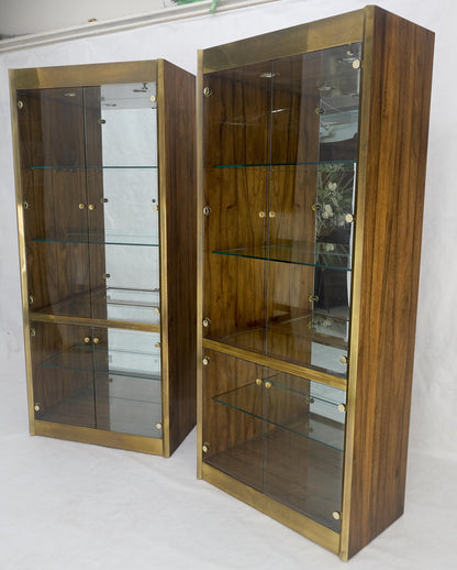 Pair Zebra Wood Brass Glass Showcases Vitrines Shelves Etageres Mastercraft MINT