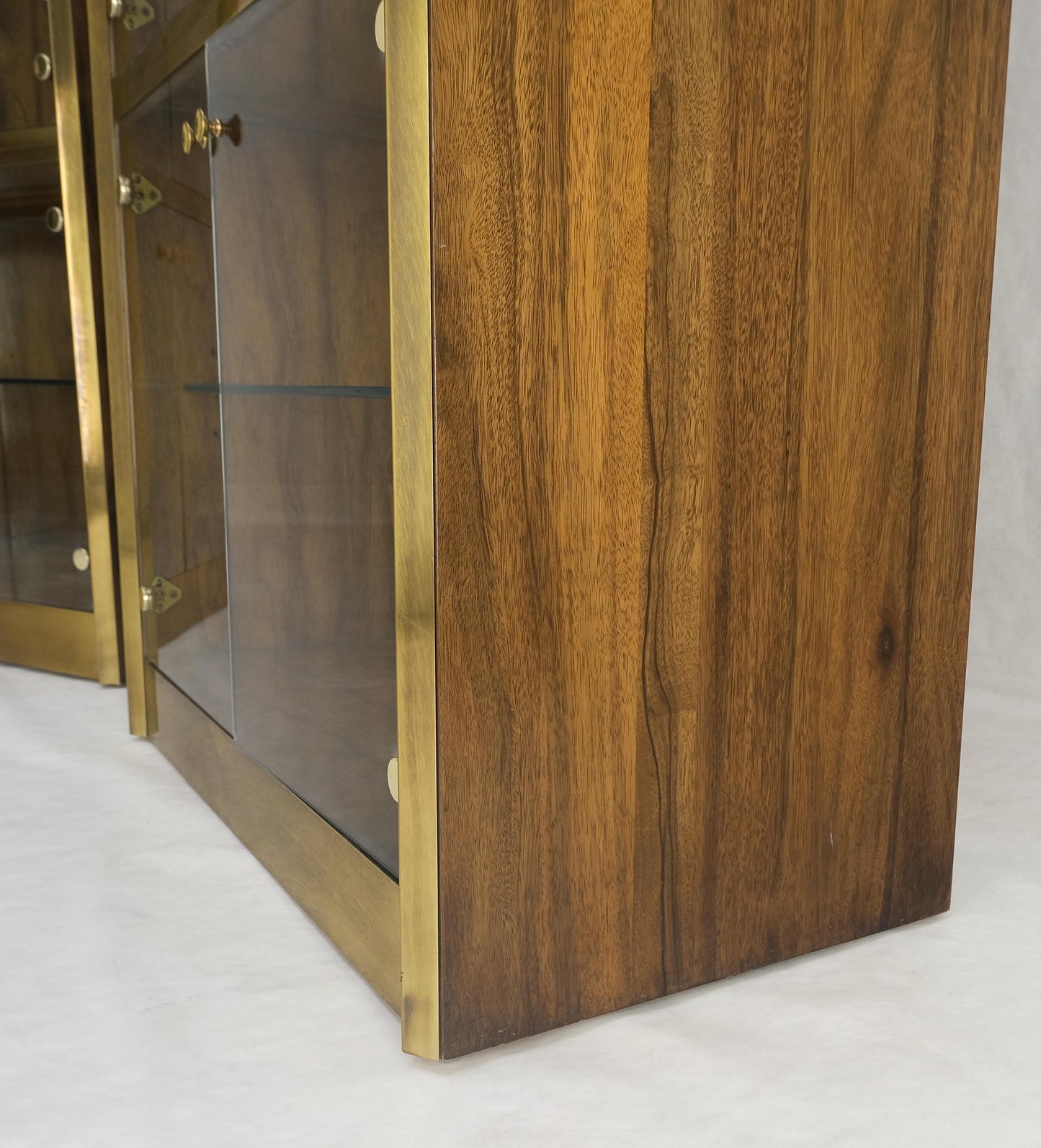 Pair Zebra Wood Brass Glass Showcases Vitrines Shelves Etageres Mastercraft MINT