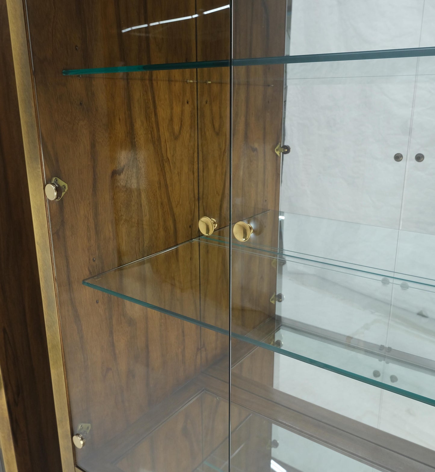 Pair Zebra Wood Brass Glass Showcases Vitrines Shelves Etageres Mastercraft MINT