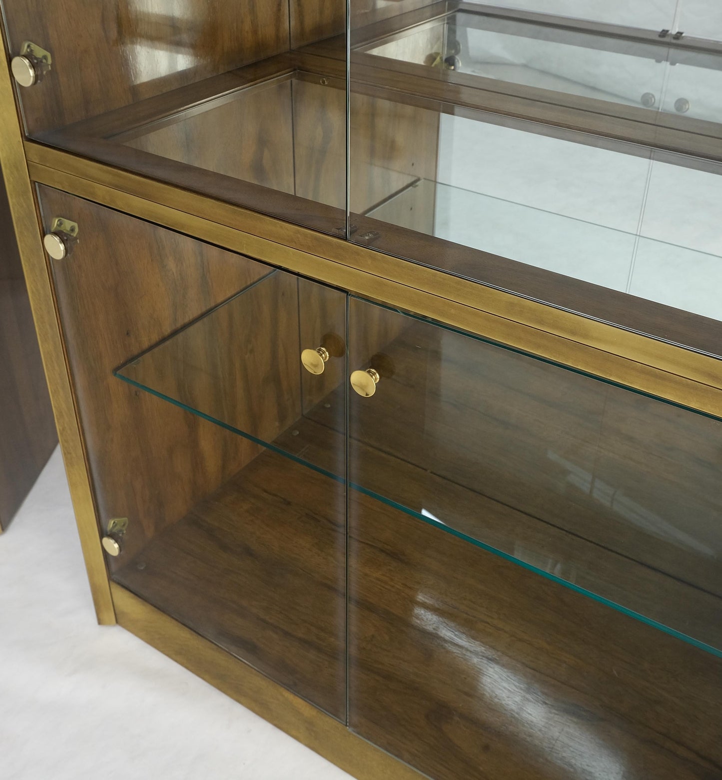 Pair Zebra Wood Brass Glass Showcases Vitrines Shelves Etageres Mastercraft MINT