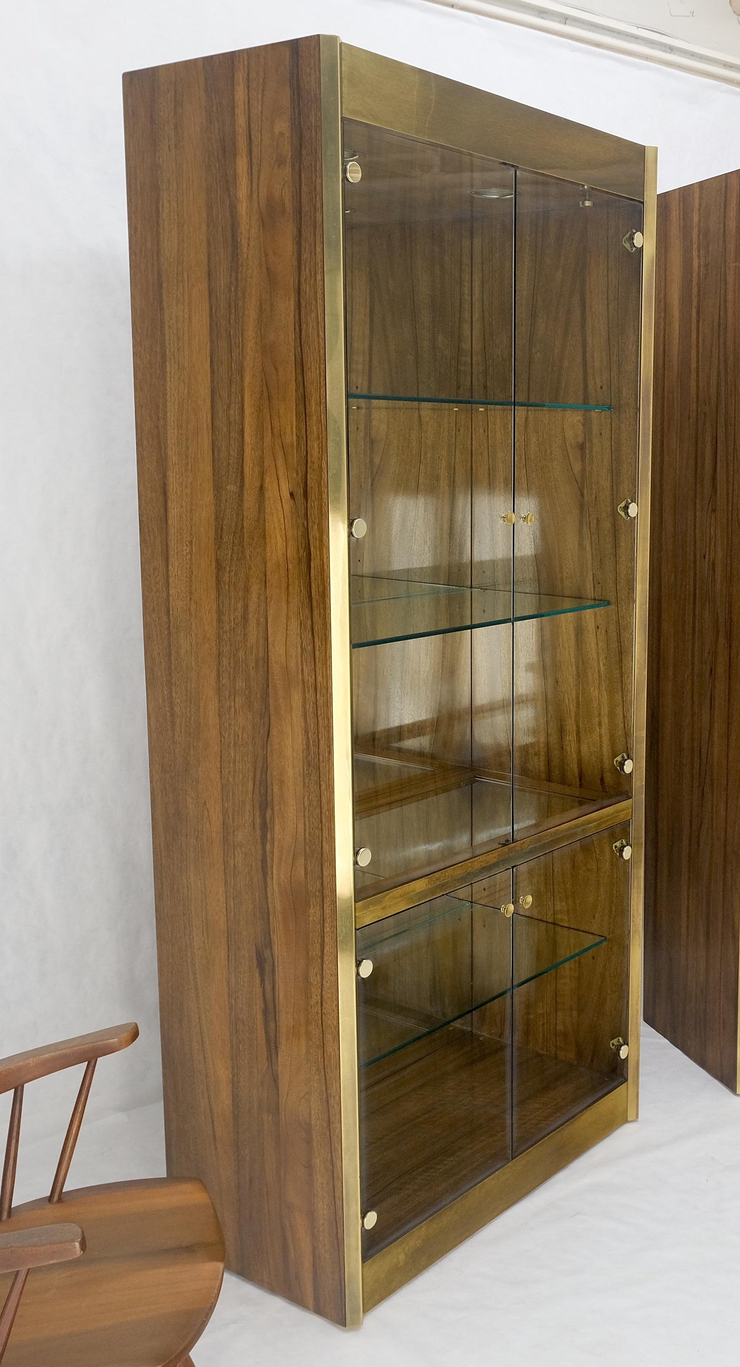 Pair Zebra Wood Brass Glass Showcases Vitrines Shelves Etageres Mastercraft MINT