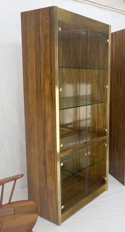 Pair Zebra Wood Brass Glass Showcases Vitrines Shelves Etageres Mastercraft MINT