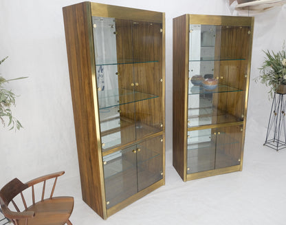 Pair Zebra Wood Brass Glass Showcases Vitrines Shelves Etageres Mastercraft MINT