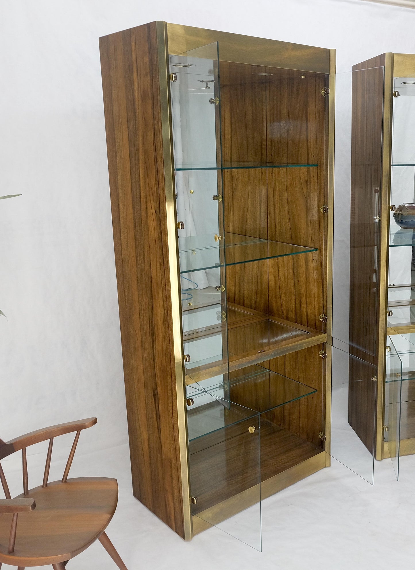Pair Zebra Wood Brass Glass Showcases Vitrines Shelves Etageres Mastercraft MINT