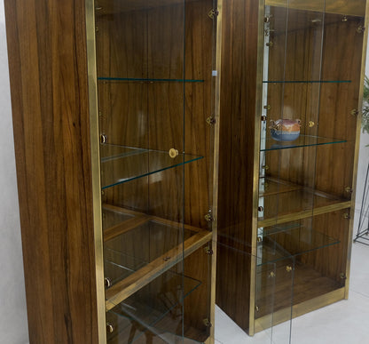 Pair Zebra Wood Brass Glass Showcases Vitrines Shelves Etageres Mastercraft MINT