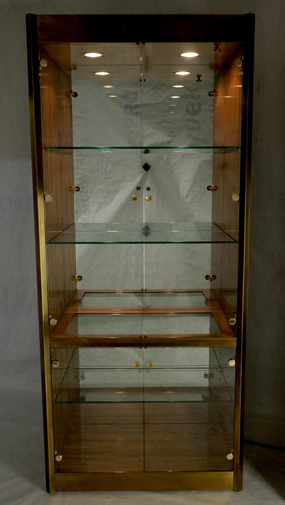 Pair Zebra Wood Brass Glass Showcases Vitrines Shelves Etageres Mastercraft MINT