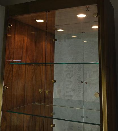 Pair Zebra Wood Brass Glass Showcases Vitrines Shelves Etageres Mastercraft MINT
