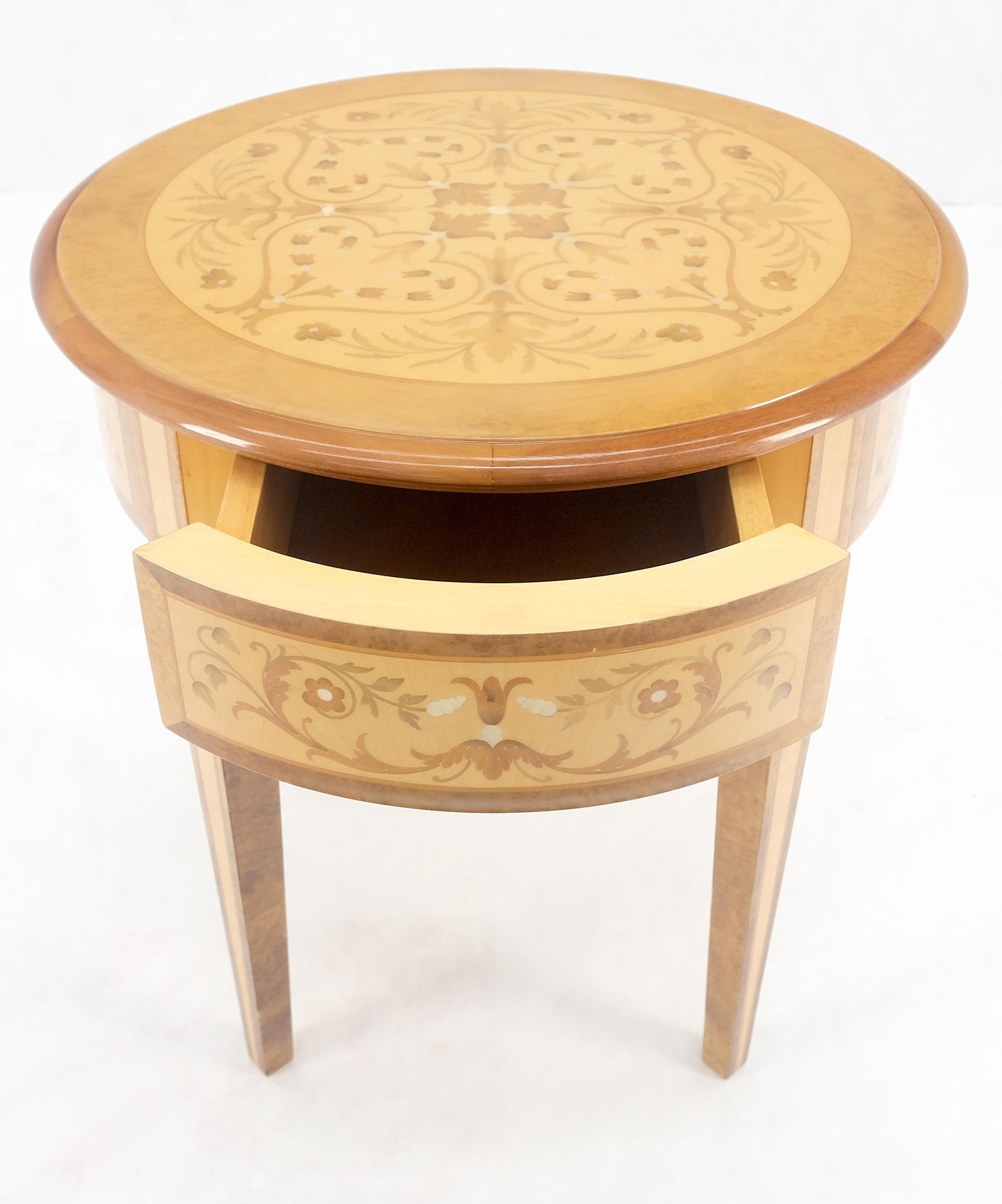 EstablishedLines Round 20" in Diameter Inlayed One Drawer Burl Wood Tapered Legs Stand End Table