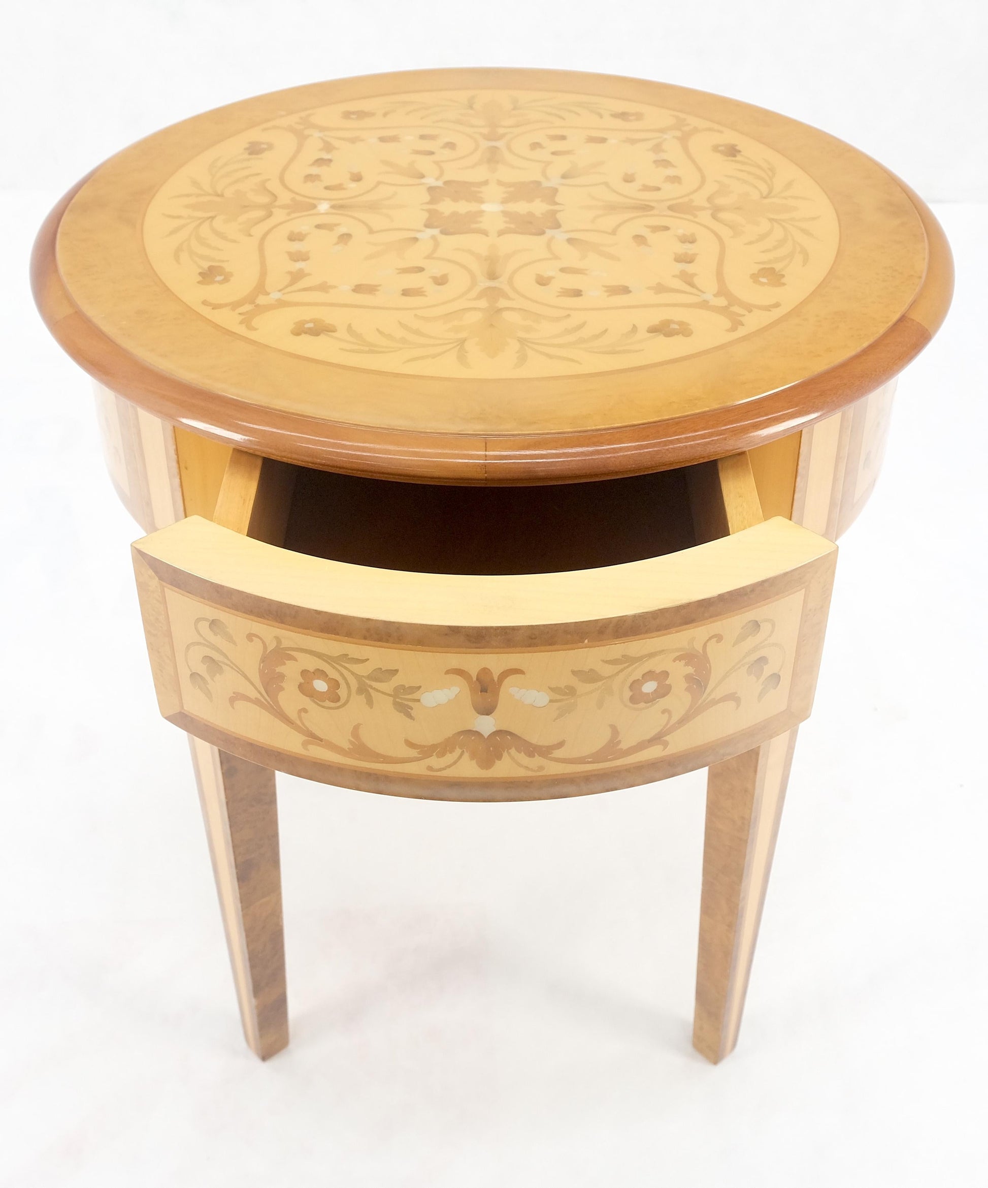 EstablishedLines Round 20" in Diameter Inlayed One Drawer Burl Wood Tapered Legs Stand End Table