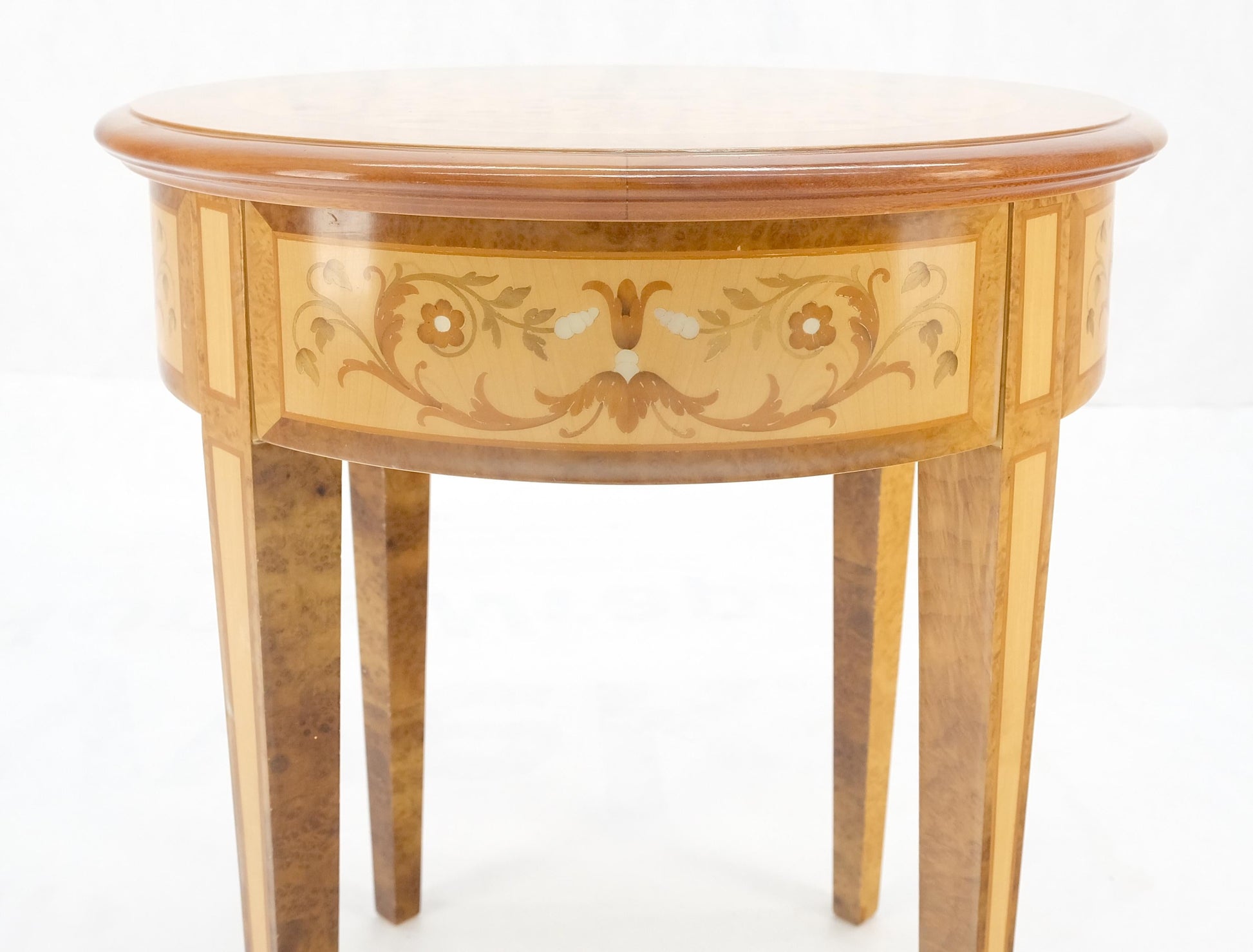 EstablishedLines Round 20" in Diameter Inlayed One Drawer Burl Wood Tapered Legs Stand End Table