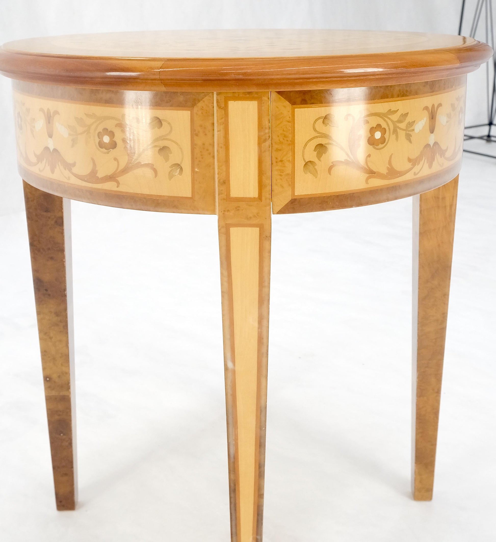 EstablishedLines Round 20" in Diameter Inlayed One Drawer Burl Wood Tapered Legs Stand End Table