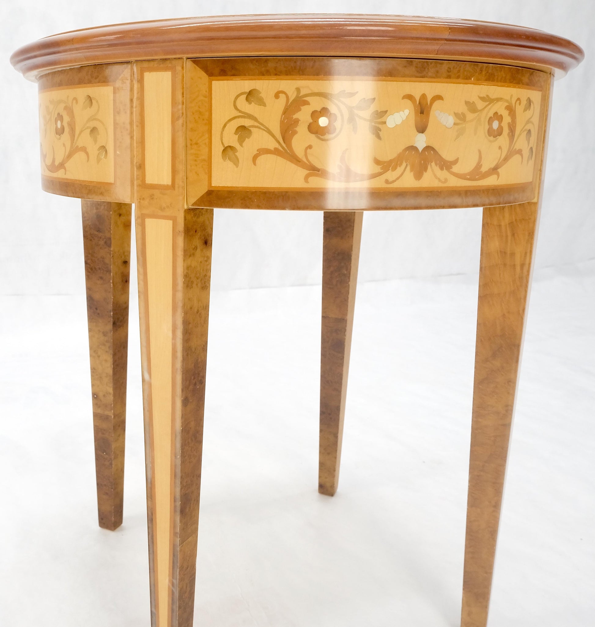 EstablishedLines Round 20" in Diameter Inlayed One Drawer Burl Wood Tapered Legs Stand End Table