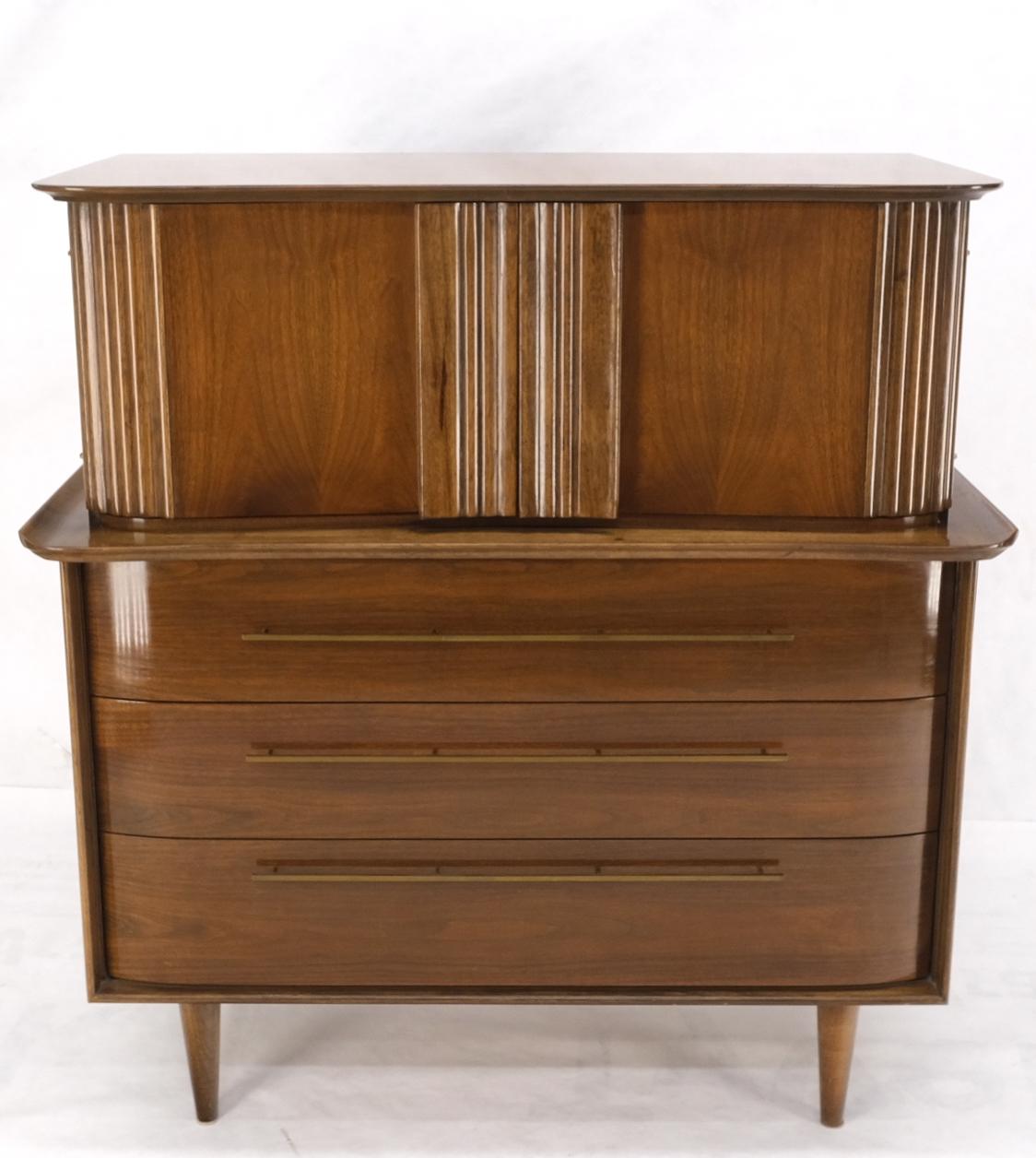 EstablishedLines Light Walnut Bow Front Drawers Long Brass Pull Hardware Gentleman's Chest Mint