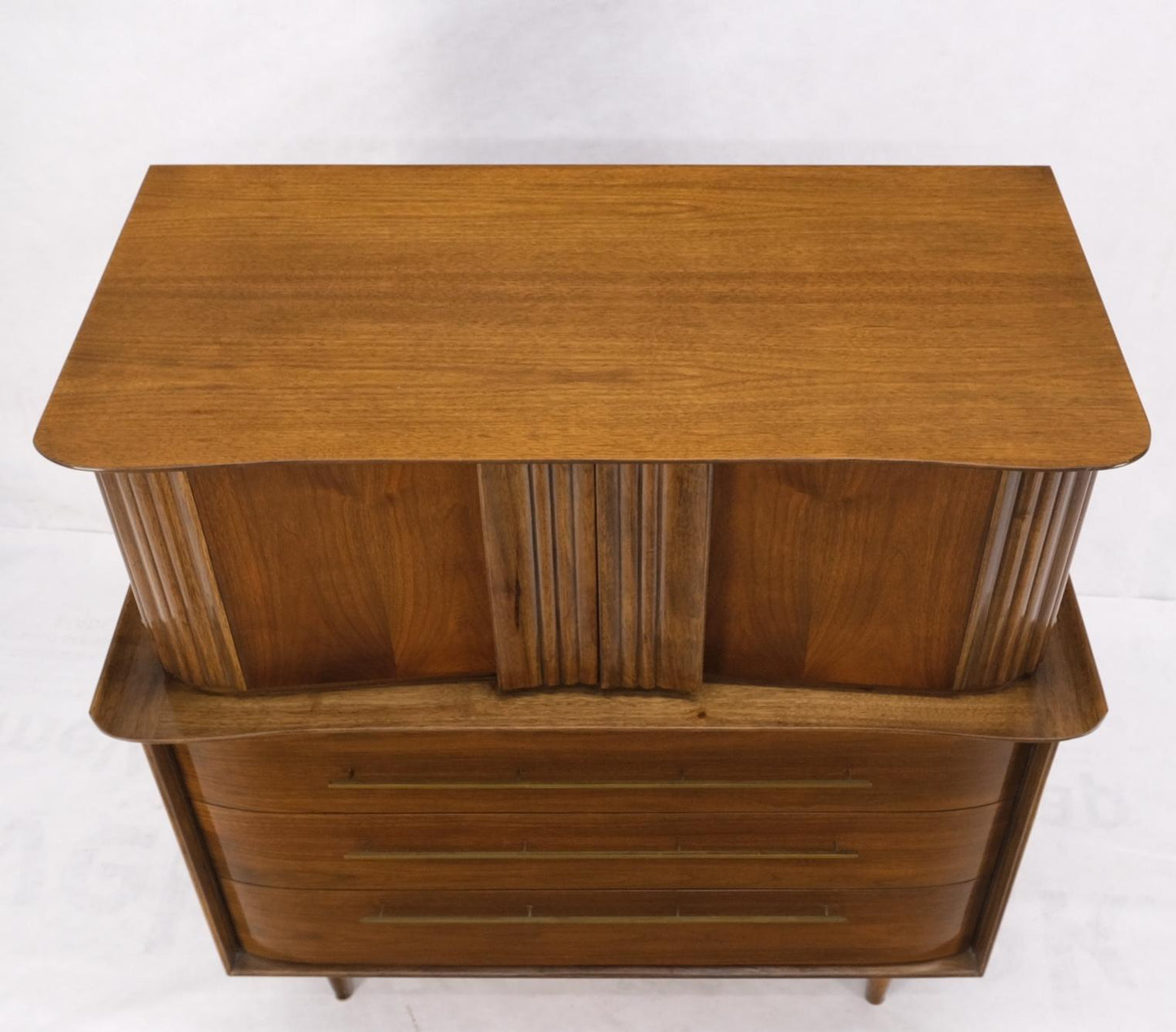 EstablishedLines Light Walnut Bow Front Drawers Long Brass Pull Hardware Gentleman's Chest Mint