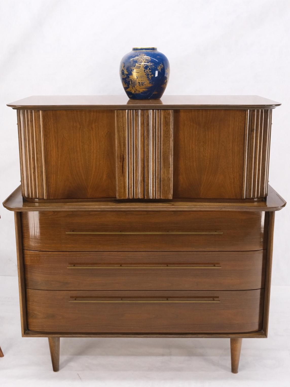 EstablishedLines Light Walnut Bow Front Drawers Long Brass Pull Hardware Gentleman's Chest Mint