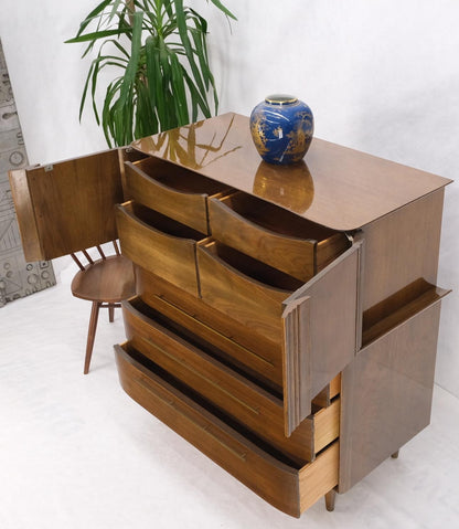 EstablishedLines Light Walnut Bow Front Drawers Long Brass Pull Hardware Gentleman's Chest Mint