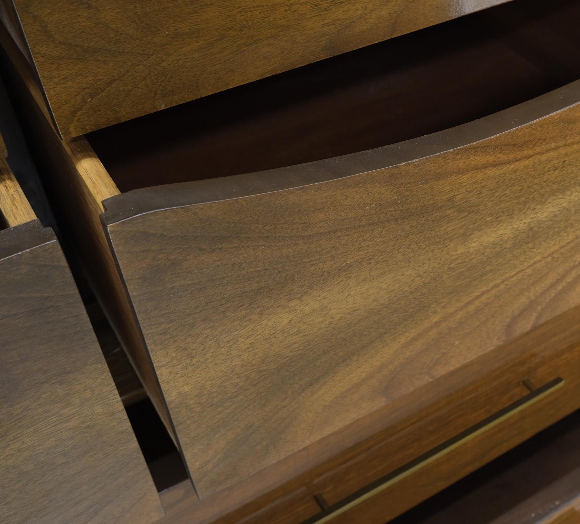 EstablishedLines Light Walnut Bow Front Drawers Long Brass Pull Hardware Gentleman's Chest Mint