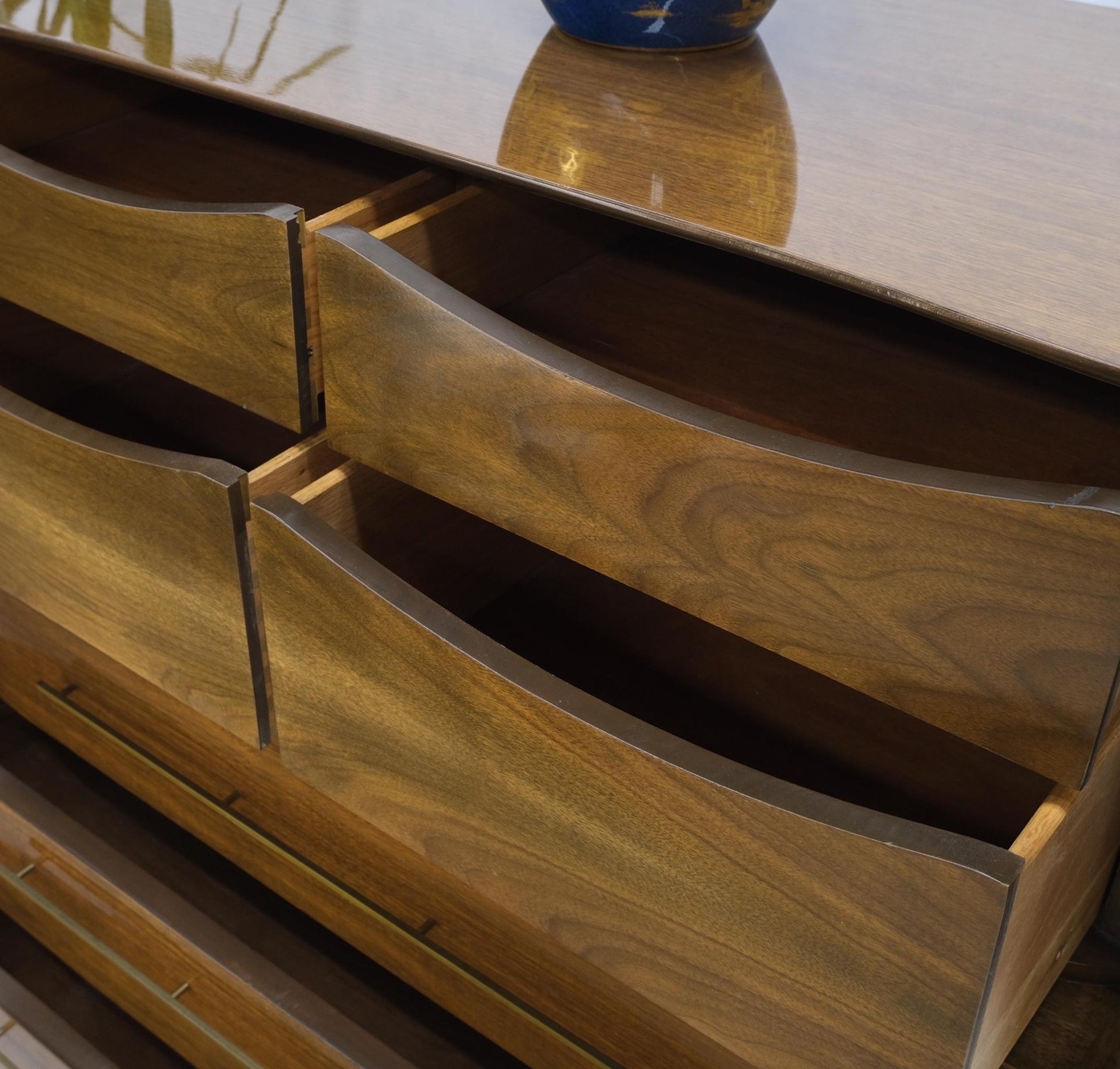 EstablishedLines Light Walnut Bow Front Drawers Long Brass Pull Hardware Gentleman's Chest Mint