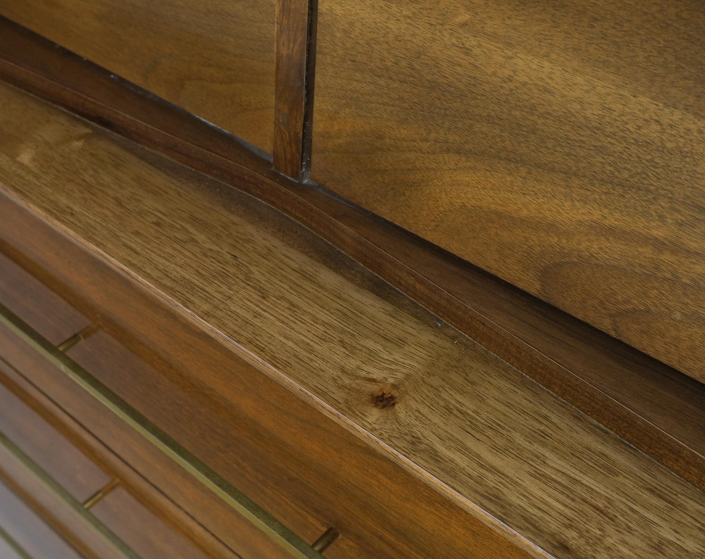 EstablishedLines Light Walnut Bow Front Drawers Long Brass Pull Hardware Gentleman's Chest Mint