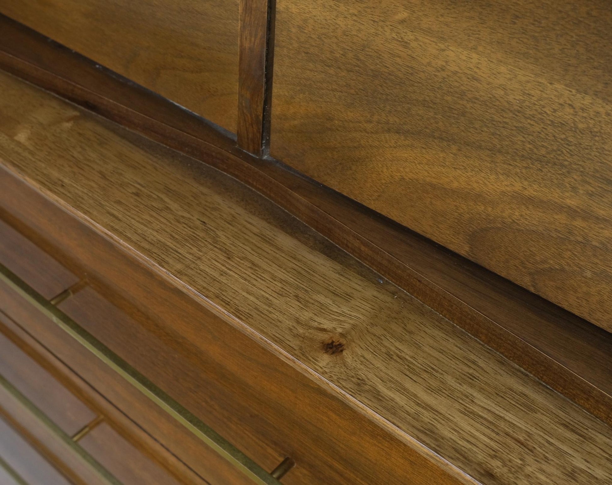 EstablishedLines Light Walnut Bow Front Drawers Long Brass Pull Hardware Gentleman's Chest Mint