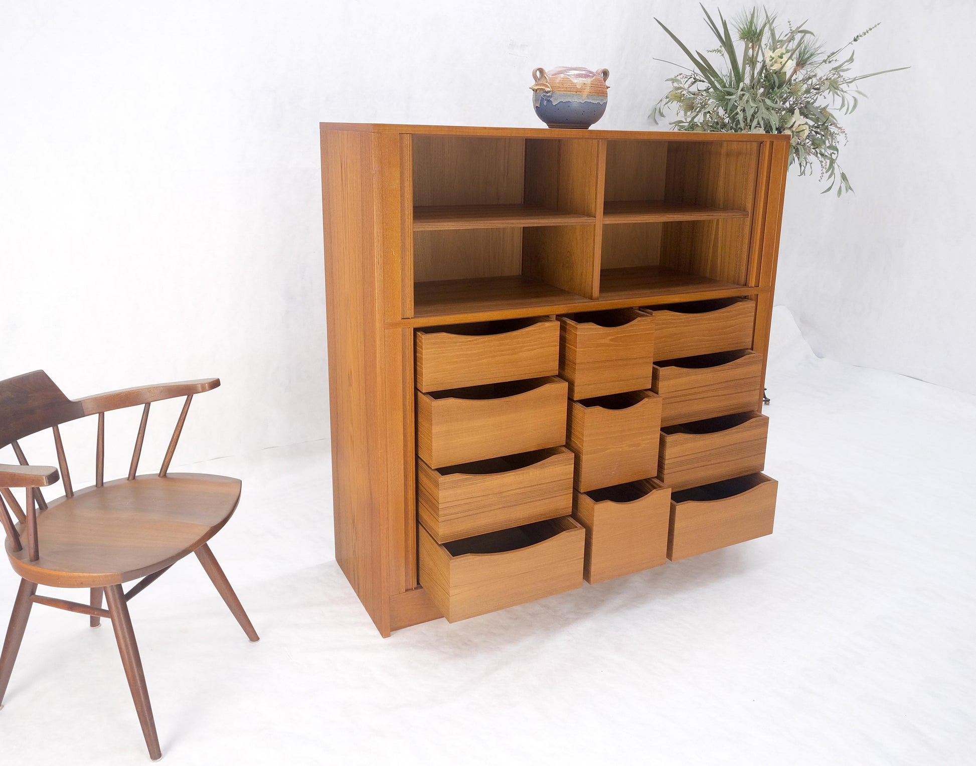 EstablishedLines Danish Teak Tambour Doors 9 Drawers Dresser High Boy Chest Credenza Cabinet MINT