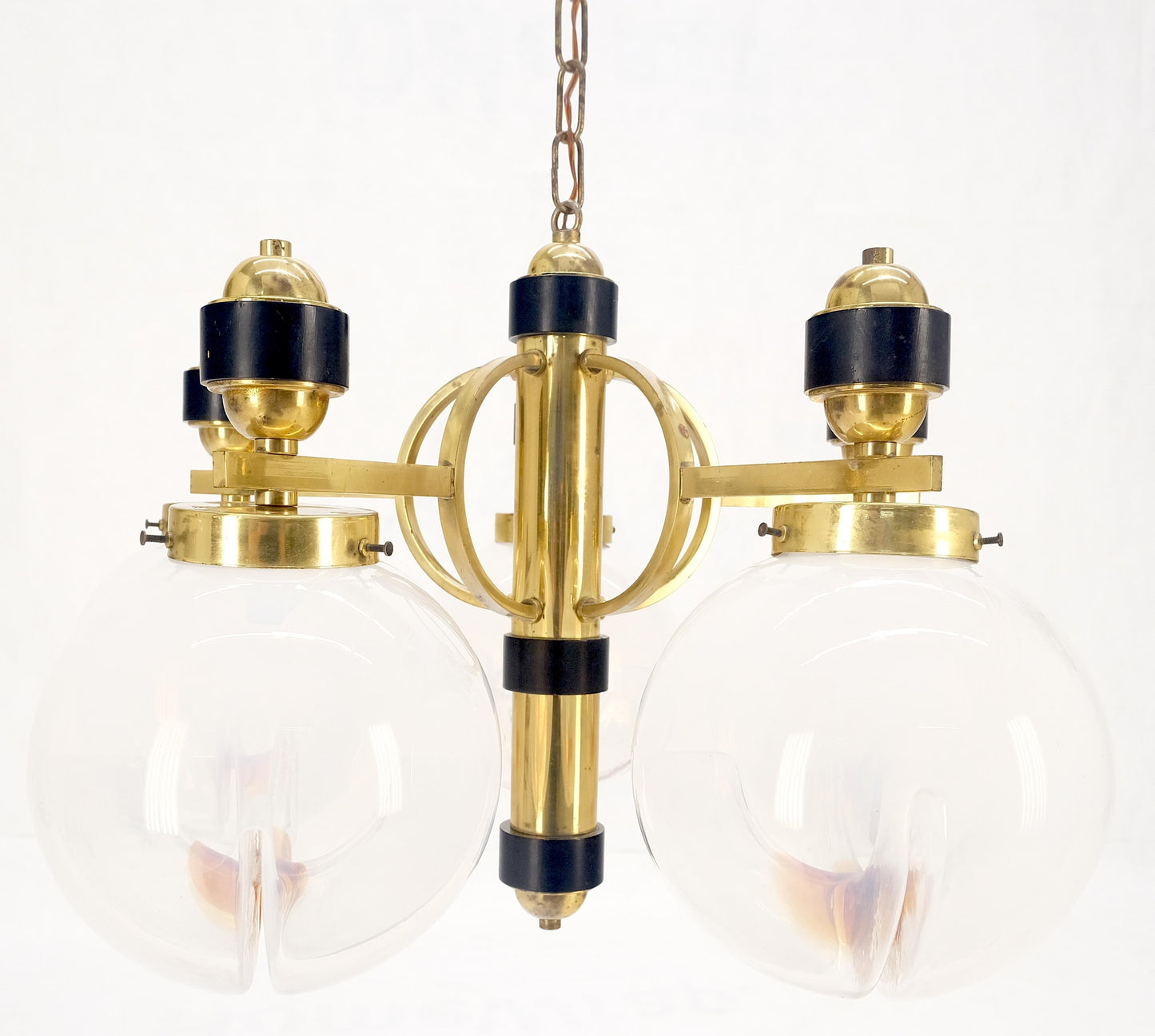 EstablishedLines Mid Century Milk Amber Glass 4 Globe Shades Brass Light Fixture Chandelier MINT